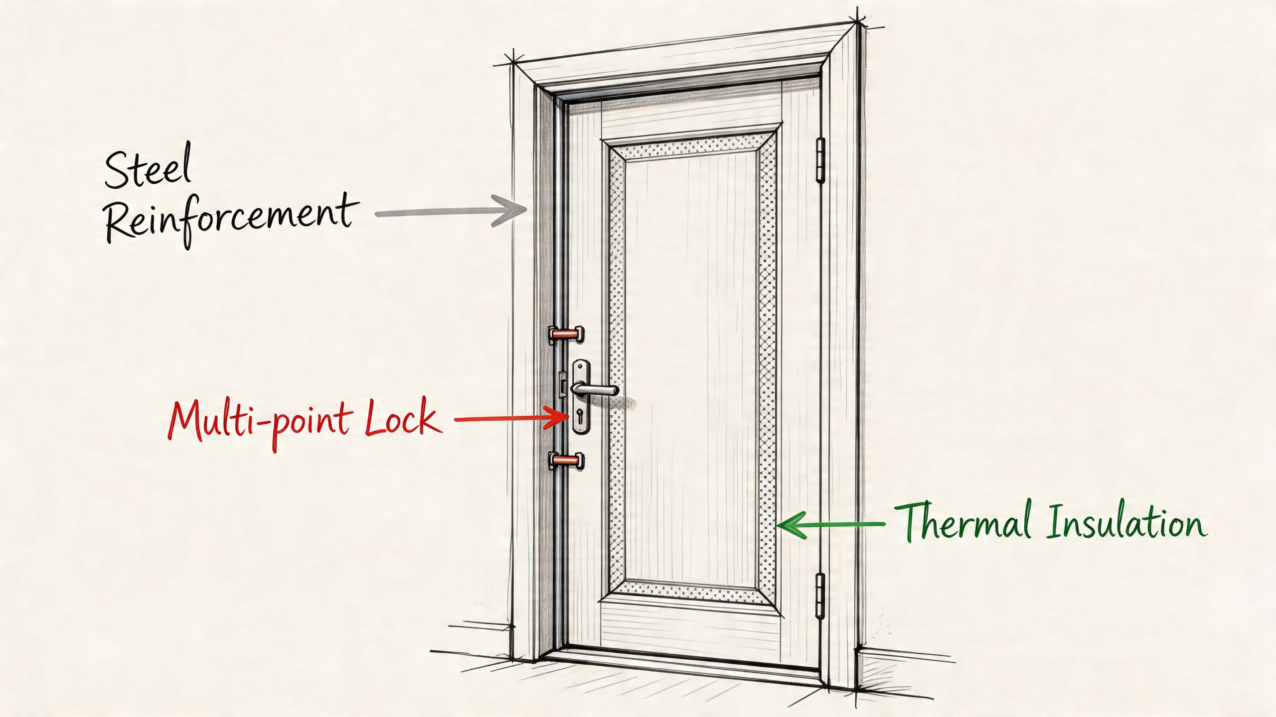 A detailed technical drawing of a secure door featuring steel reinforcement, a multi-point locking system, and thermal insulation.