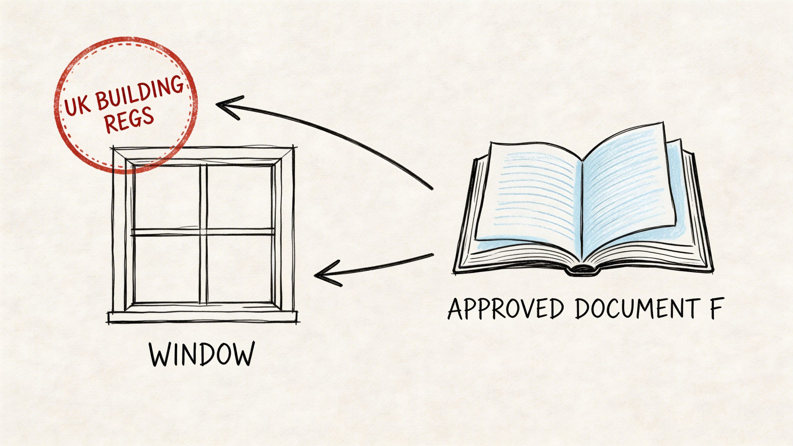 A hand-drawn illustration showing the relationship between UK Building Regulations, windows, and Approved Document F guidance.