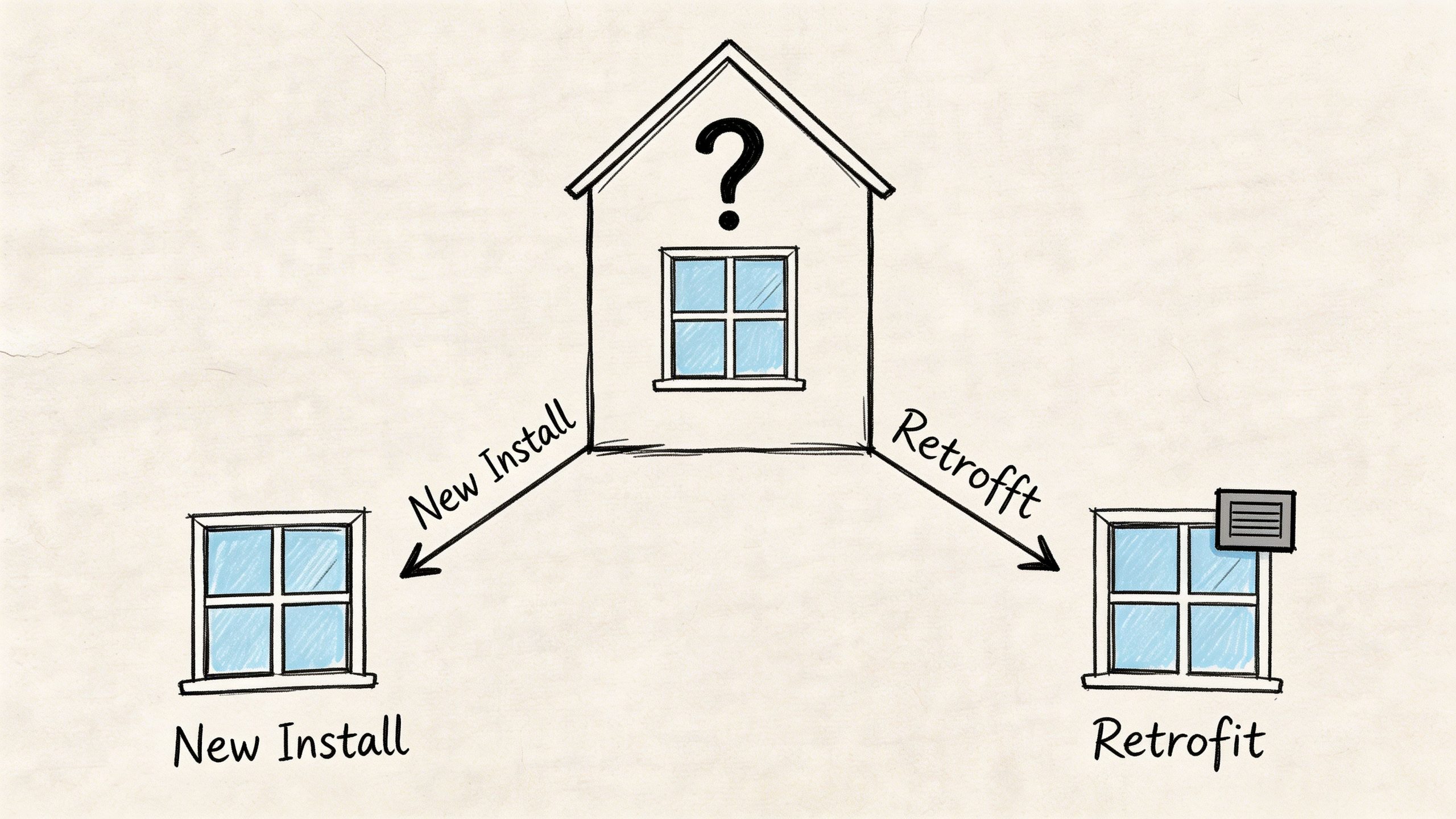 A hand-drawn illustration showing the choice between a new window installation and a window retrofit option.