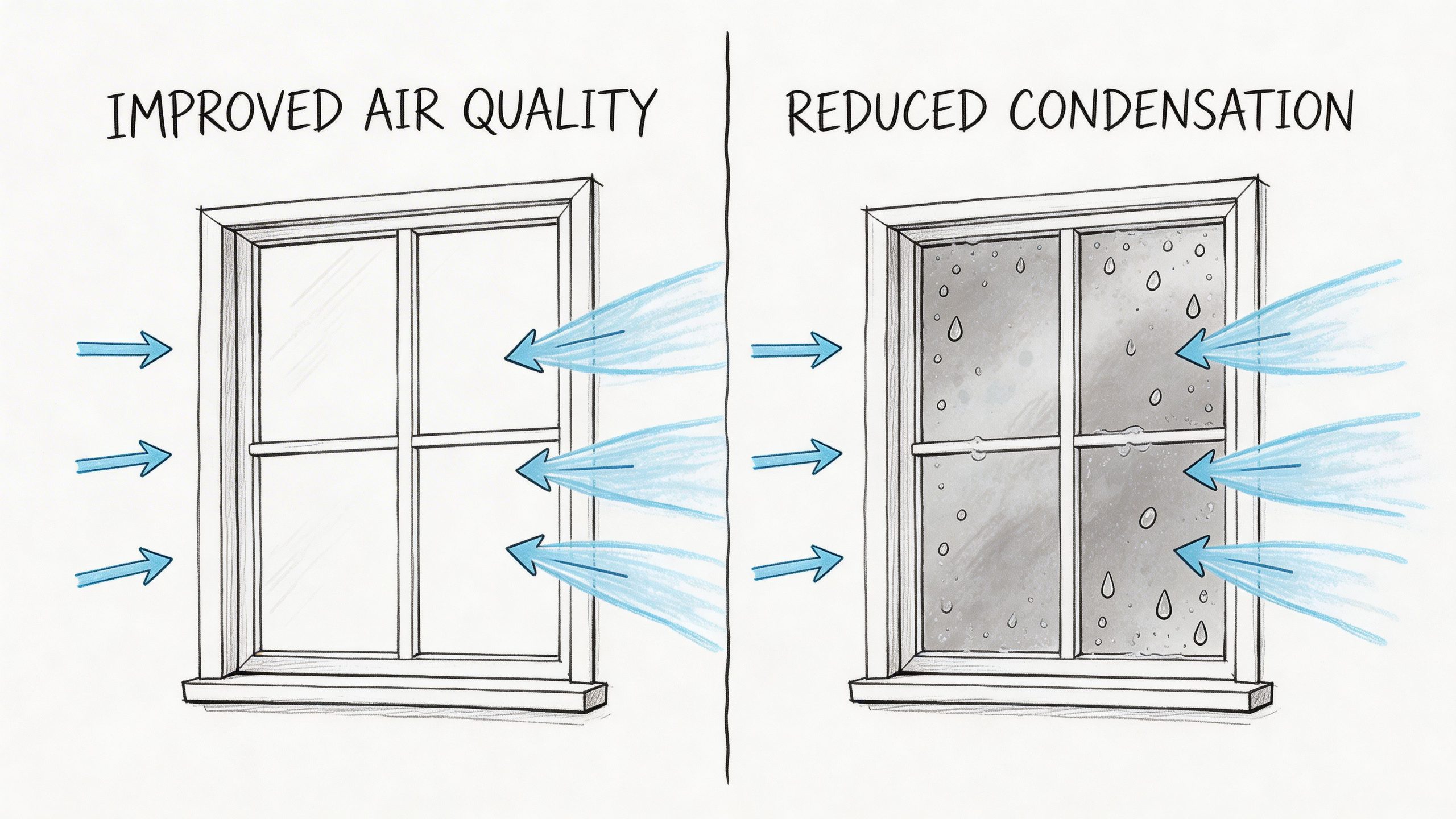 A diagram comparing the benefits of window ventilation for improved air quality and reduced condensation inside homes.