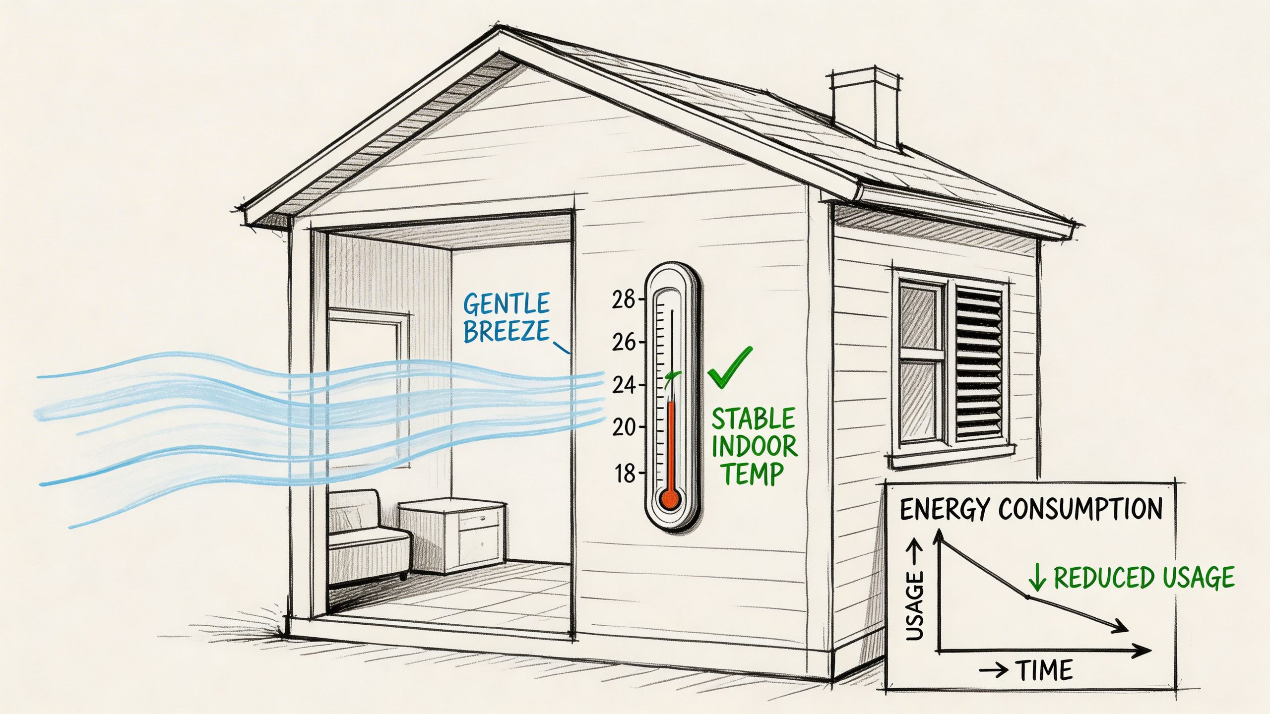 A house illustration shows a gentle breeze entering through vents, maintaining stable indoor temperature and reducing energy consumption.