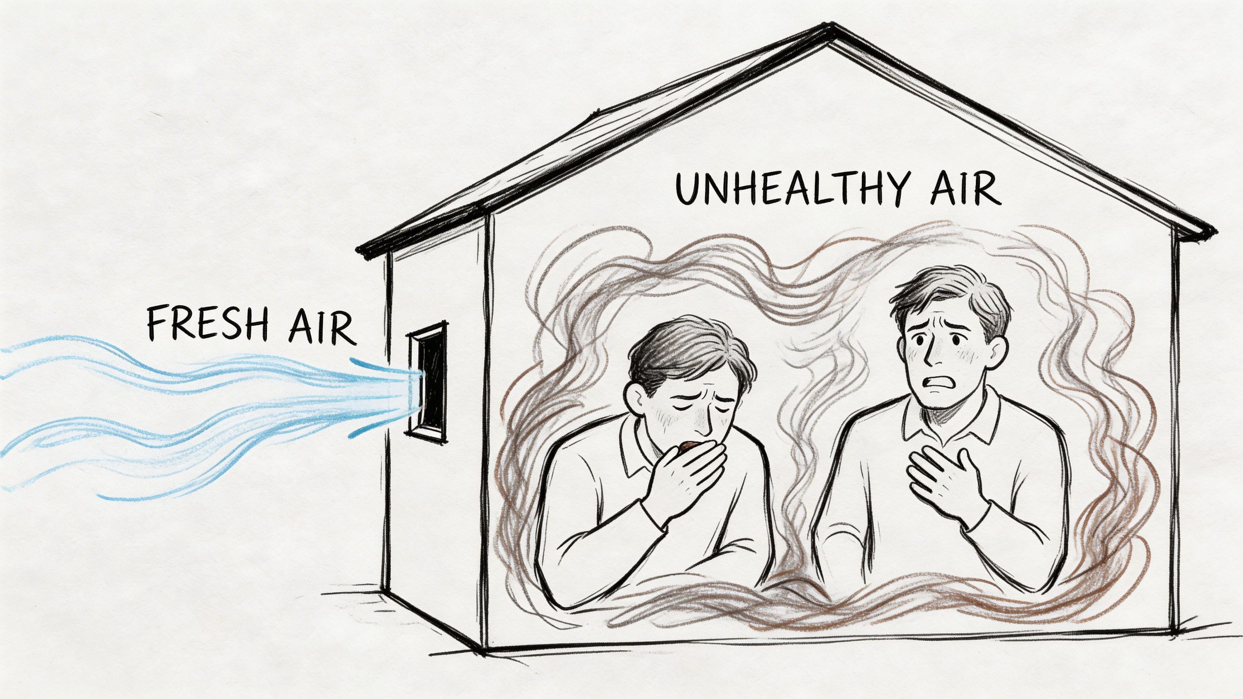 An illustration showing a room with poor air quality and people coughing inside with fresh air entering.