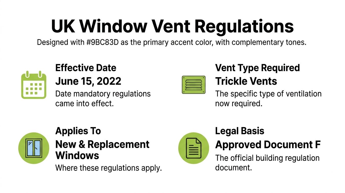 An informative infographic detailing the UK window vent regulations, including effective date, vent types, and requirements.