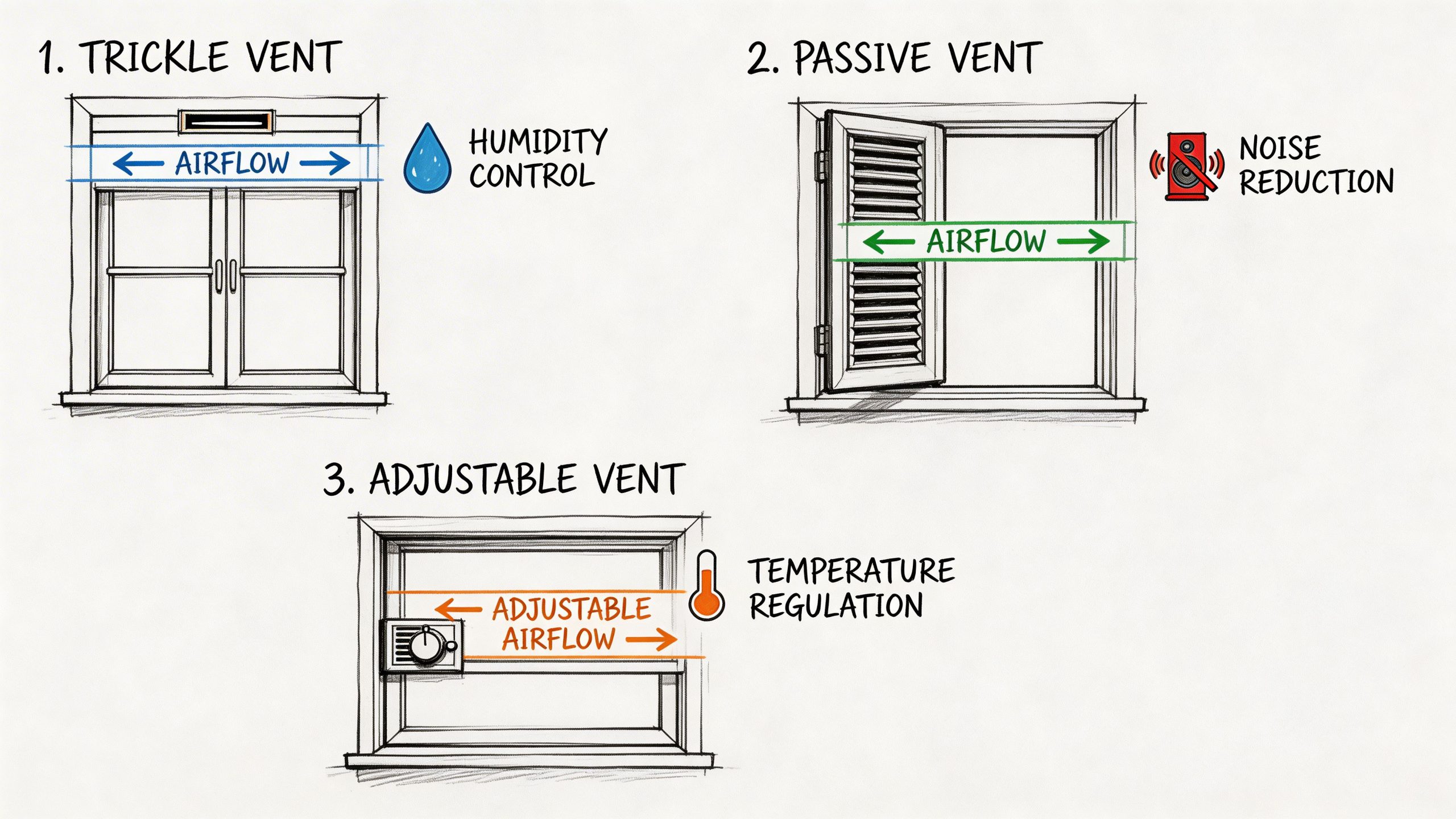 A hand-drawn illustration showing three types of window ventilation: trickle vent, passive vent, and adjustable vent.
