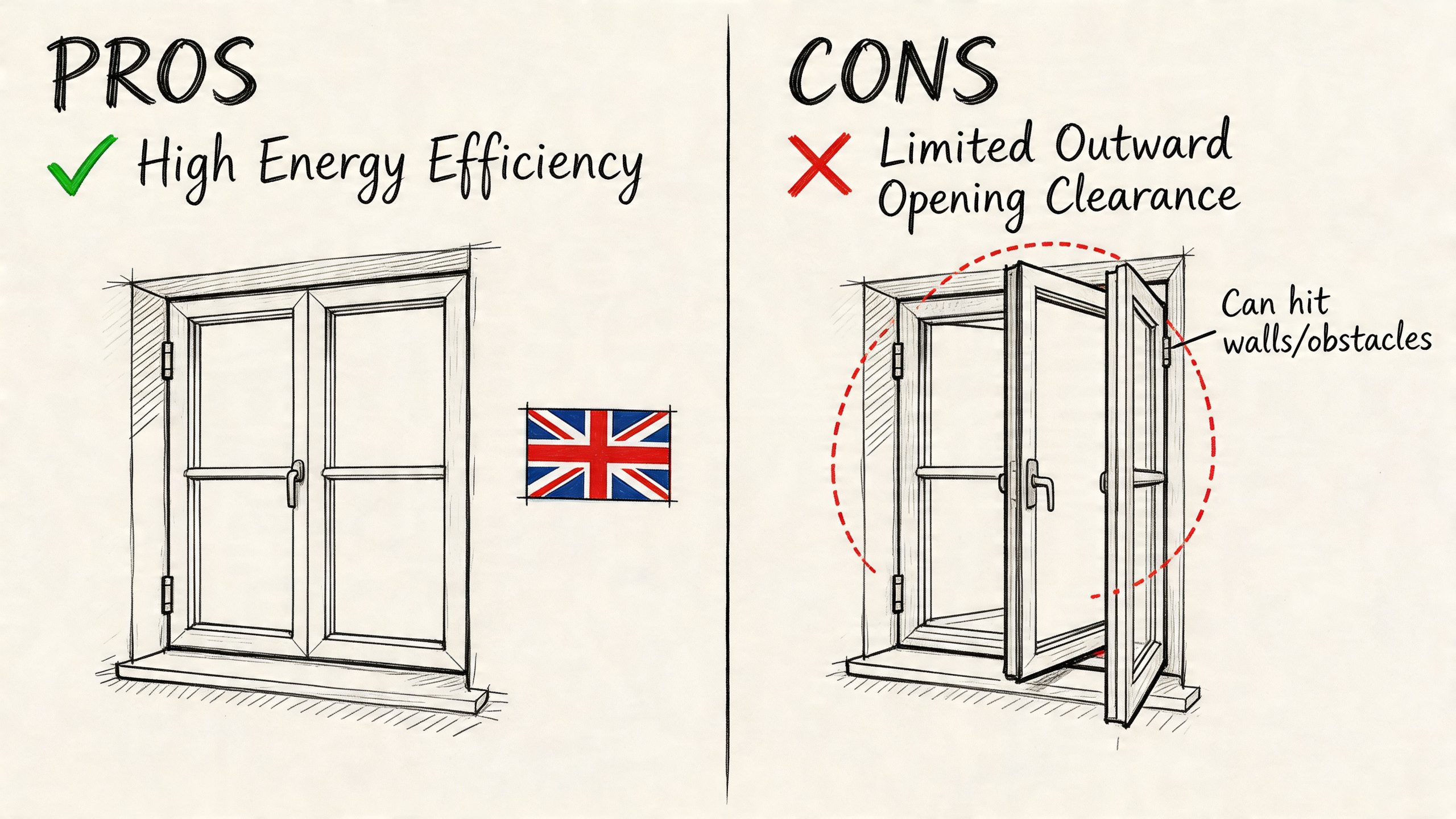 A diagram comparing the pros and cons of casement windows, focusing on energy efficiency and clearance.