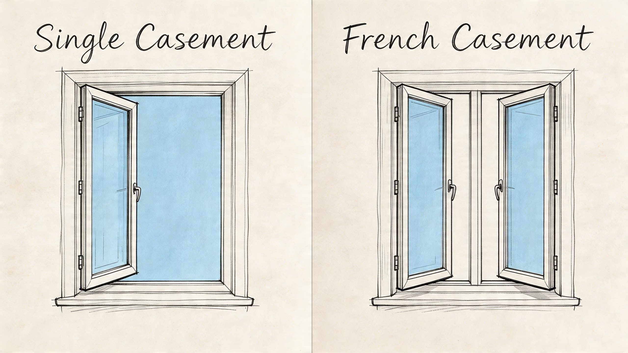 A diagram comparing a single casement window and a French casement window side by side.