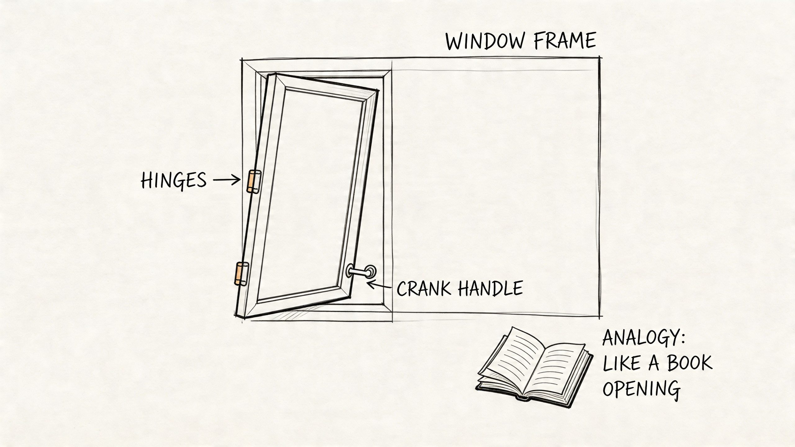 A line drawing illustration showing the mechanism of a casement window that opens like a book.
