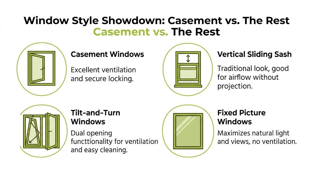 An infographic comparing casement windows with vertical sliding sash, tilt-and-turn, and fixed picture window styles.