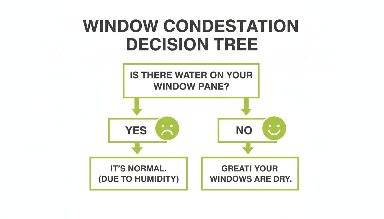 A decision tree flowchart explains window condensation, detailing if water on the pane is normal.