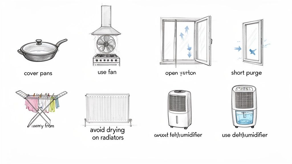 Eight illustrated tips for reducing indoor humidity: cover pans, use fans, ventilate windows, dry clothes on racks, and use dehumidifiers.