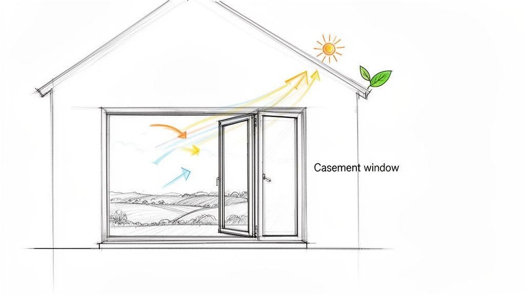 Illustration of a house with an open casement window demonstrating natural ventilation and solar gain.