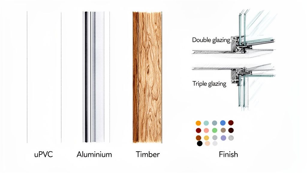 Image displaying window frame material options (uPVC, Aluminium, Timber), double and triple glazing types, and available finishes.