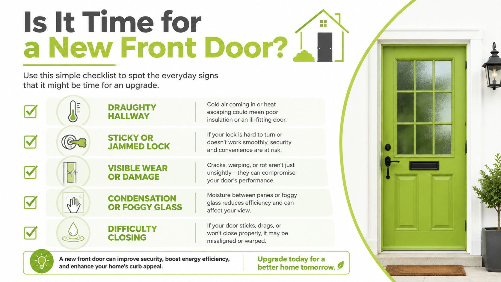 A checklist infographic titled Is It Time for a New Front Door with a green door image.