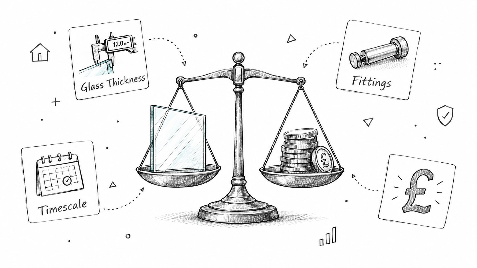 A conceptual illustration balancing glass thickness, fittings, and timescales against the cost of glass balustrades.