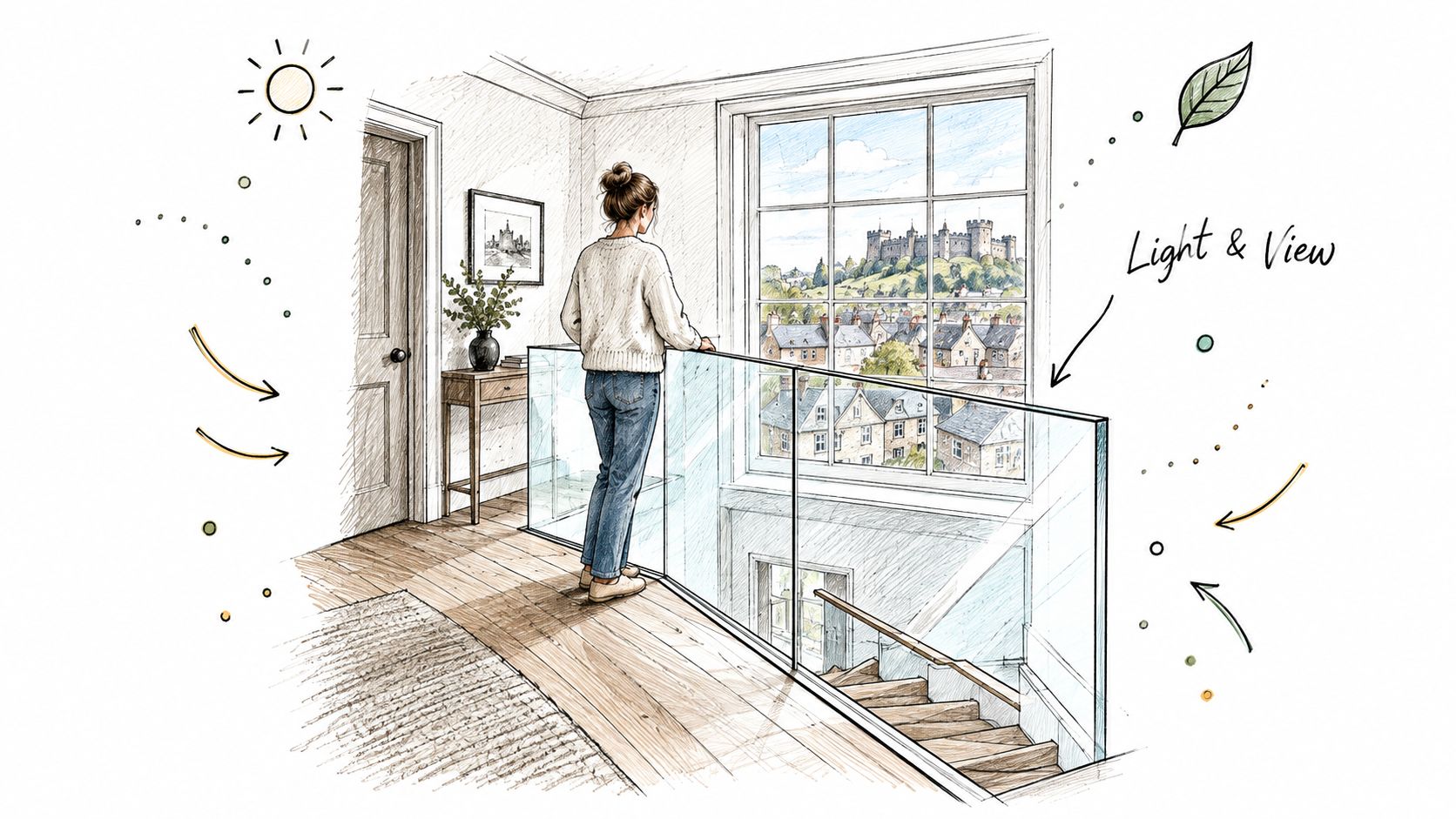 A woman stands by a glass balustrade looking out of a large window at a castle view.