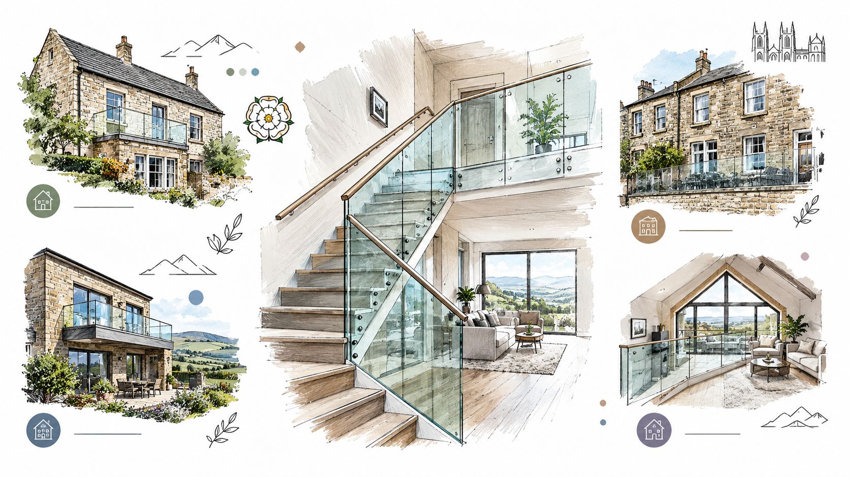 A collage of architectural sketches showcasing modern houses with sleek glass balustrades and scenic landscape views.