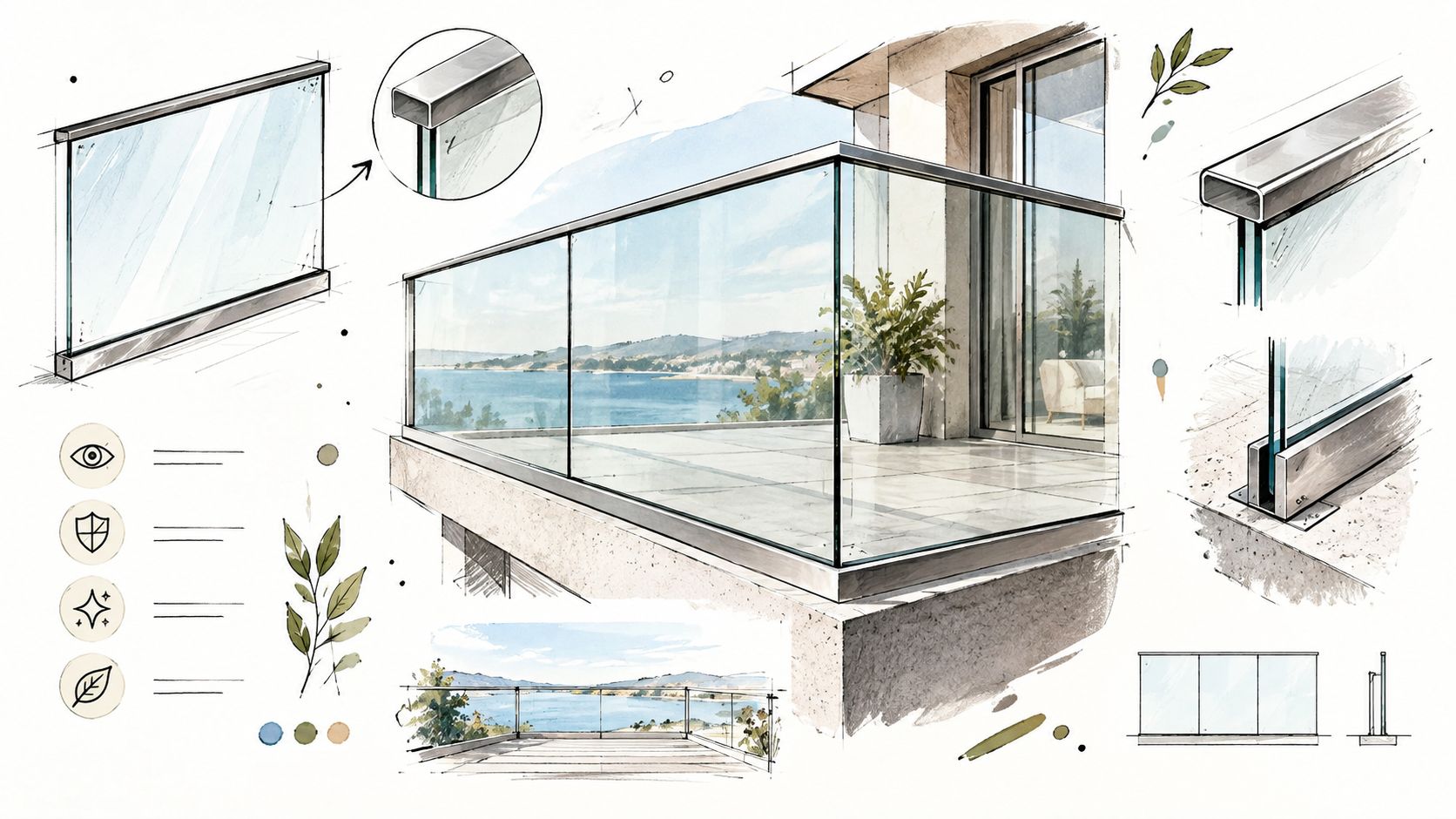 A detailed architectural sketch showing glass balustrades on a modern balcony overlooking a scenic coastal landscape.