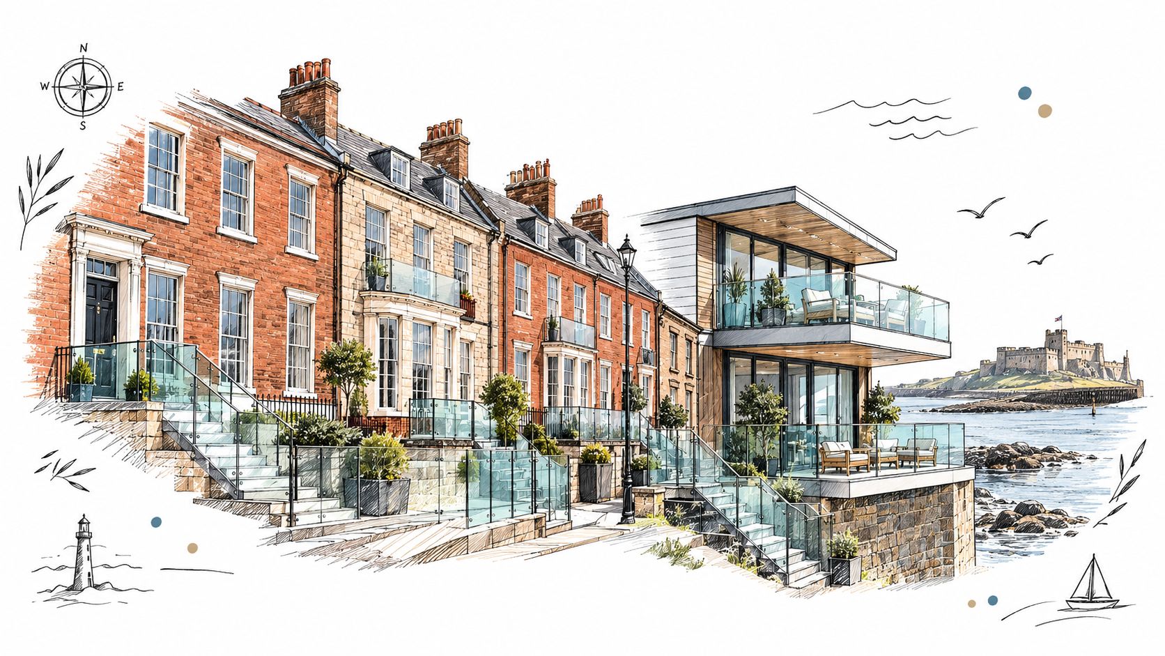 A scenic architectural sketch showing modern glass balustrades on historic townhouses overlooking the sea near a castle.