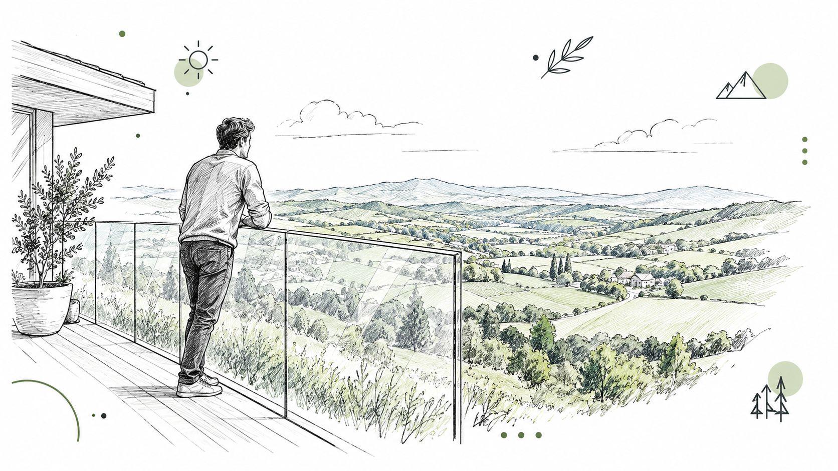 A man standing on a modern balcony with glass balustrades looking over a scenic countryside landscape.