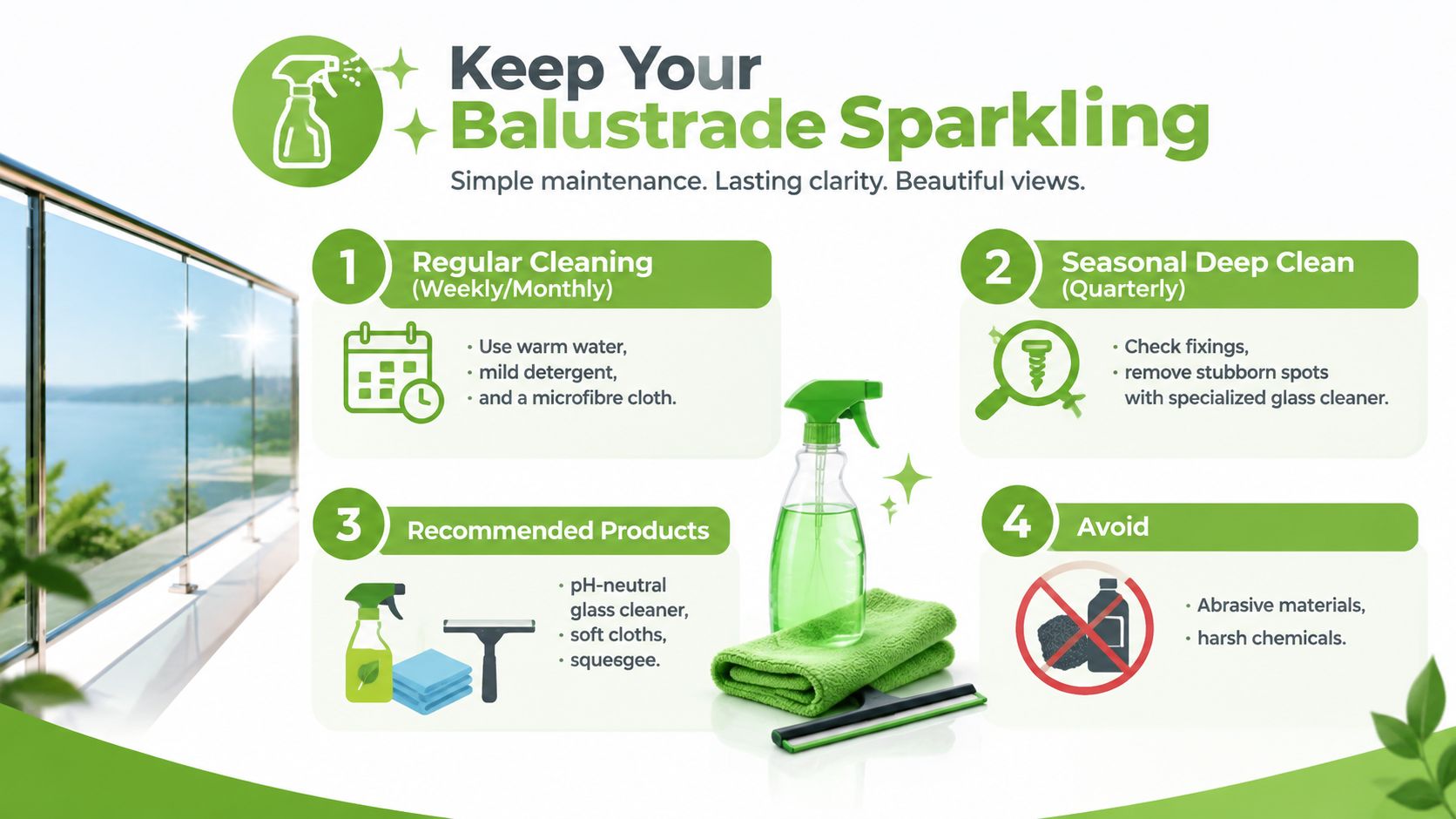 A professional infographic illustrating simple maintenance tips for keeping residential glass balustrades clean and sparkling.