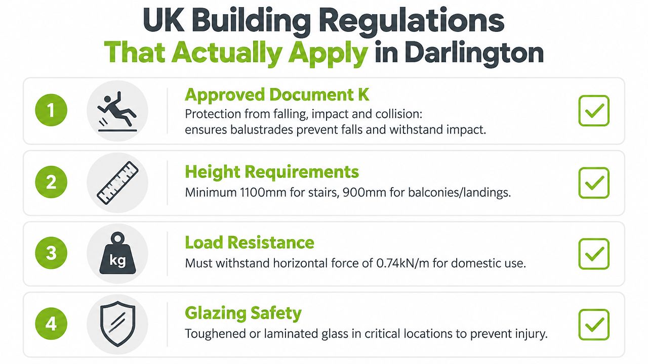 An infographic showing four essential UK building regulations for installing glass balustrades in Darlington homes.
