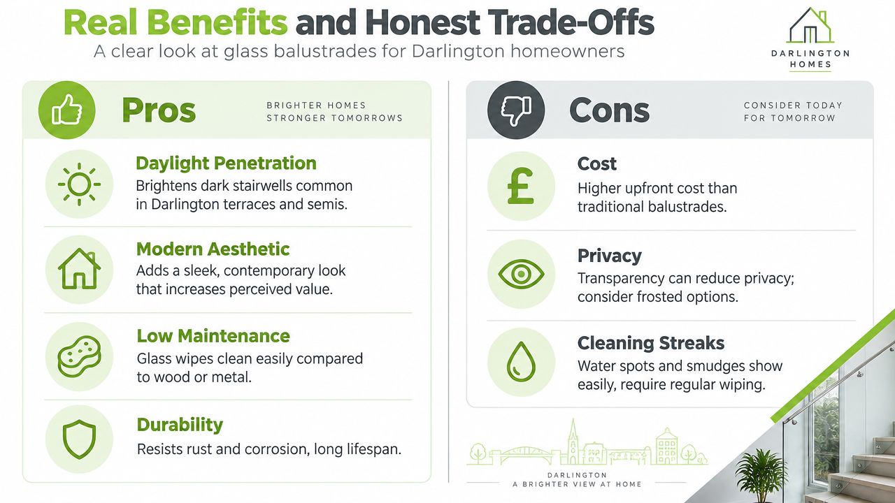An infographic highlighting the pros and cons of installing glass balustrades for homes in Darlington.