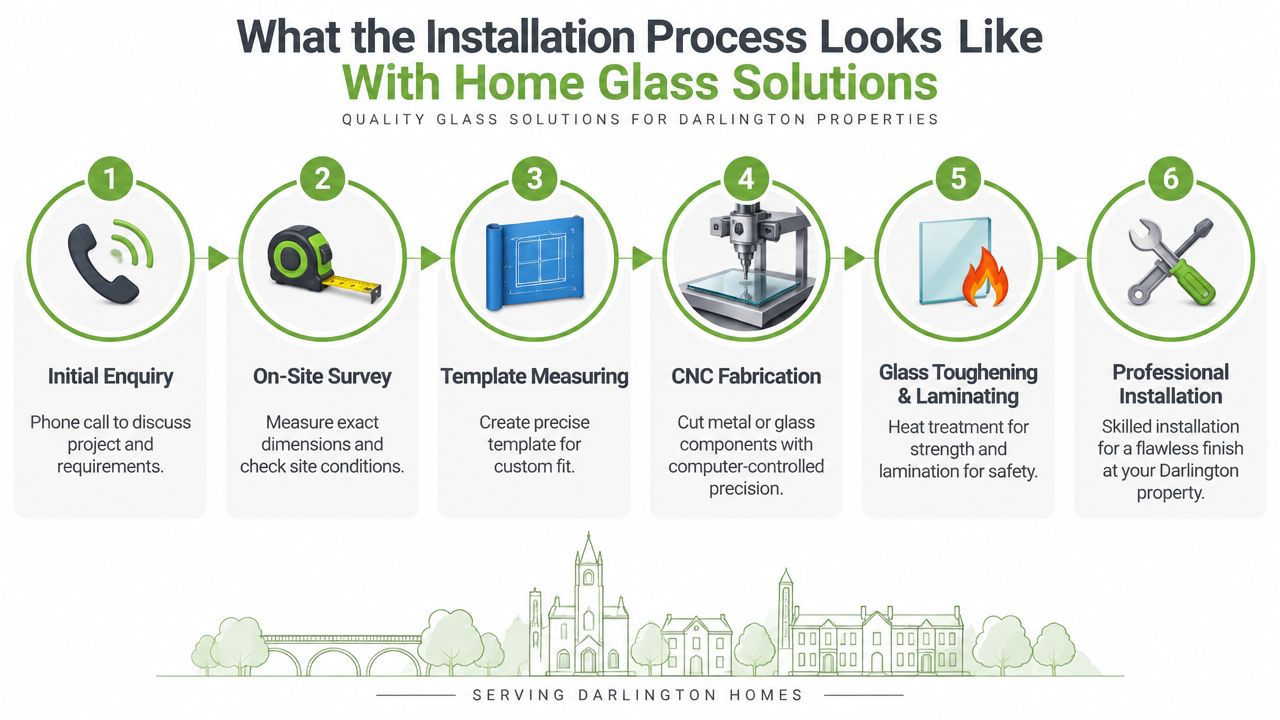A six-step infographic showing the professional glass installation process provided by Home Glass Solutions in Darlington.