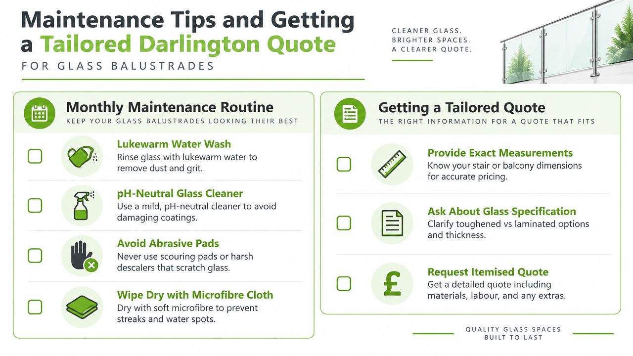 An infographic detailing maintenance tips for glass balustrades and how to request a tailored project quote.