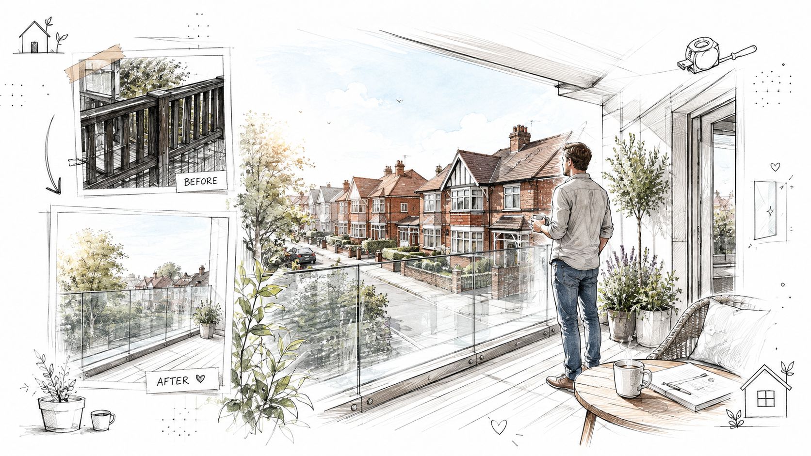 A detailed sketch showing the transformation of a balcony with new glass balustrades overlooking residential houses.