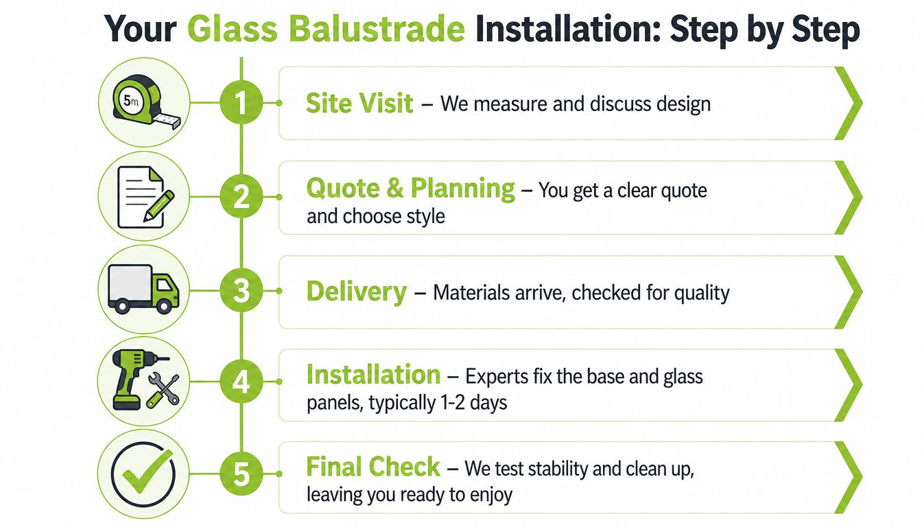A five-step infographic showing the professional installation process for a custom glass balustrade system.