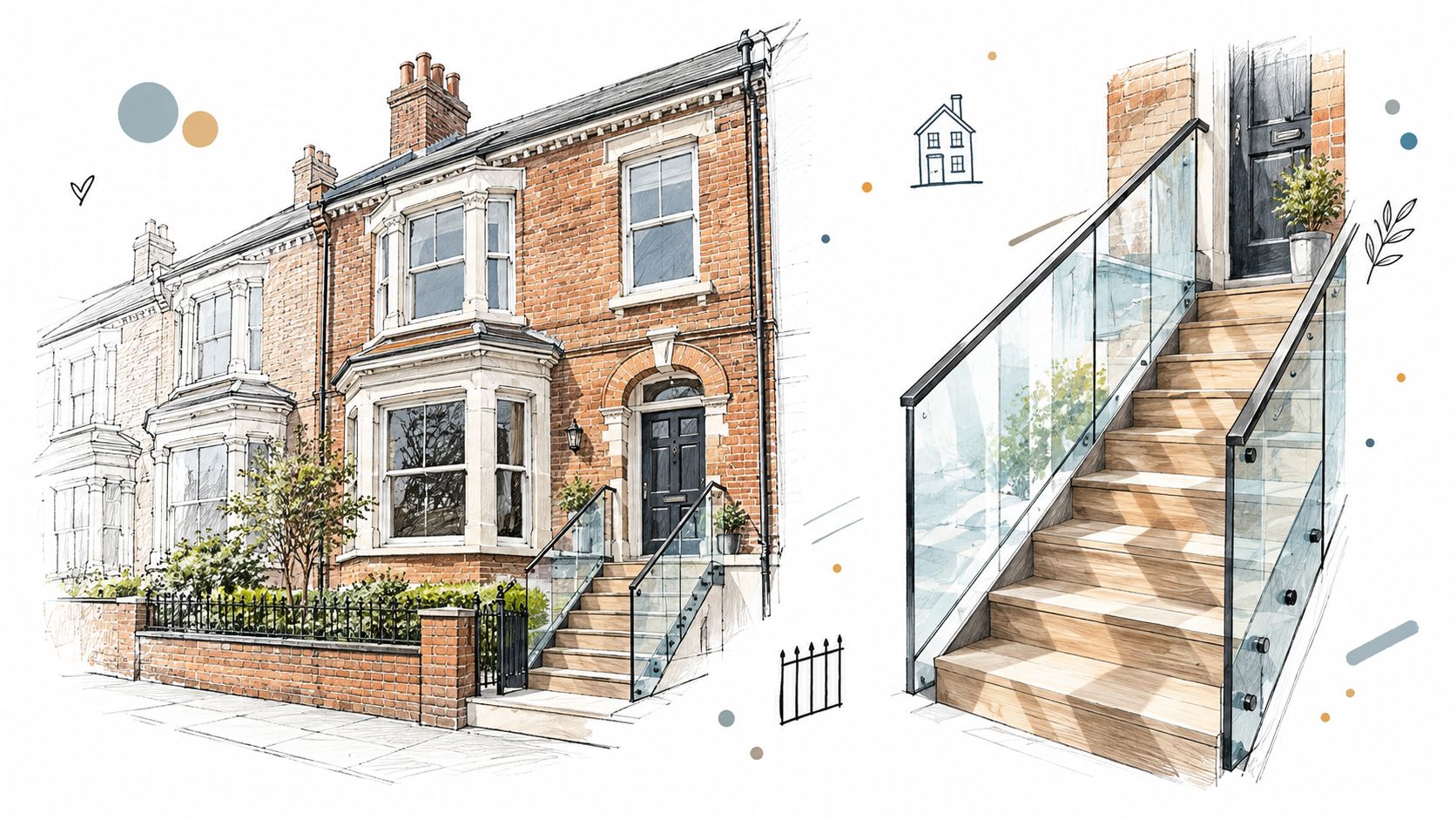 A detailed architectural sketch of a traditional brick terraced house featuring modern glass balustrades on the front entrance steps.