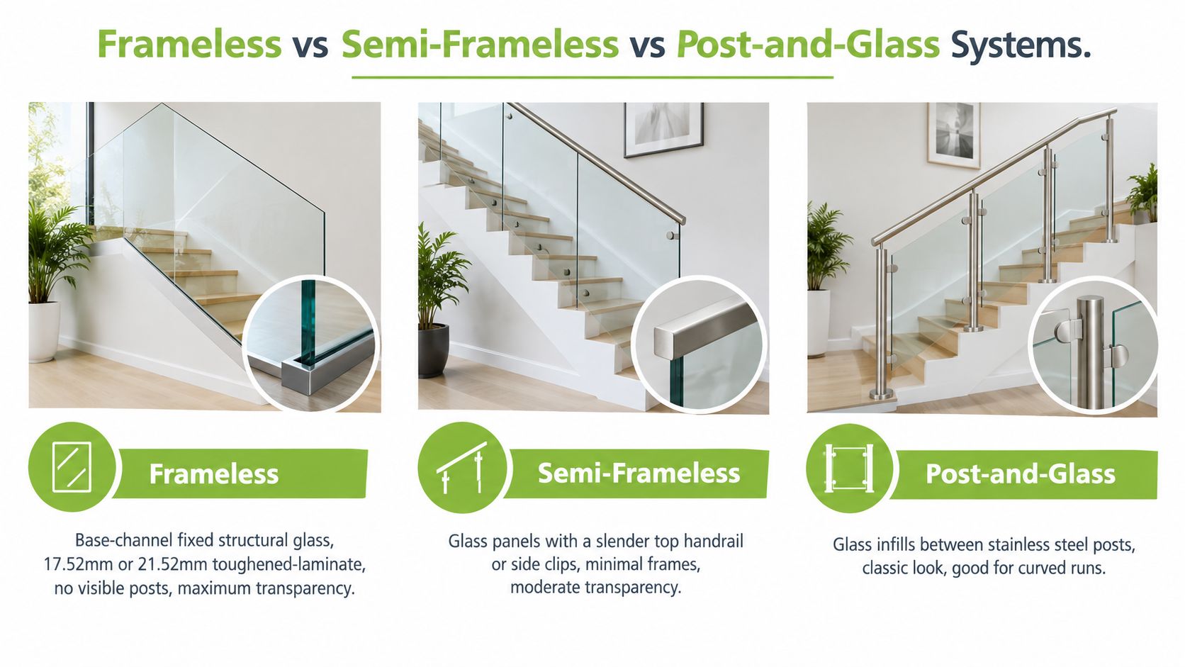 A comparison image illustrating the differences between frameless, semi-frameless, and post-and-glass staircase balustrade systems.