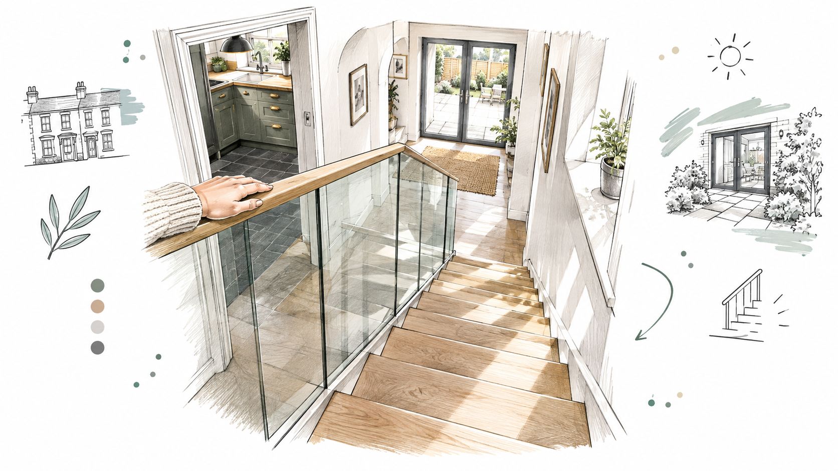 A hand resting on a sleek glass balustrade overlooking a bright, modern staircase in a residential home.