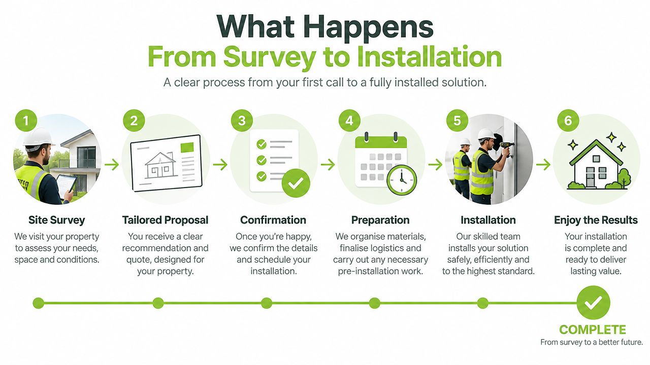 A six-step infographic illustrating the professional process from initial site survey to final installation of home solutions.