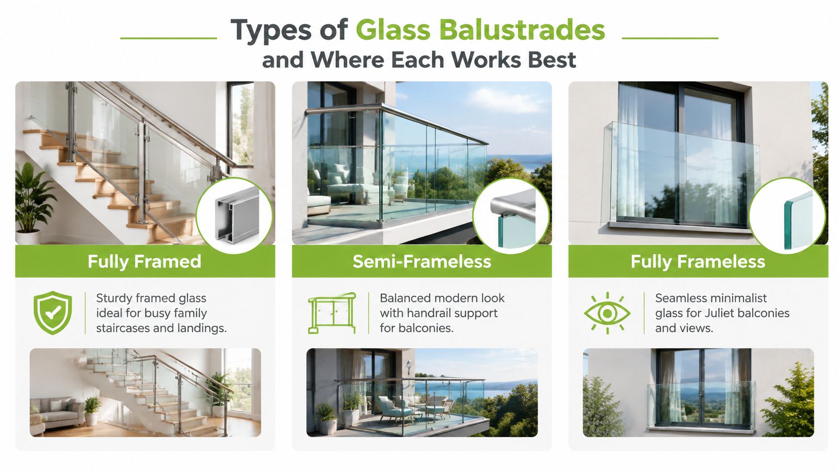 An infographic illustrating three types of glass balustrades: fully framed, semi-frameless, and fully frameless for architectural design.