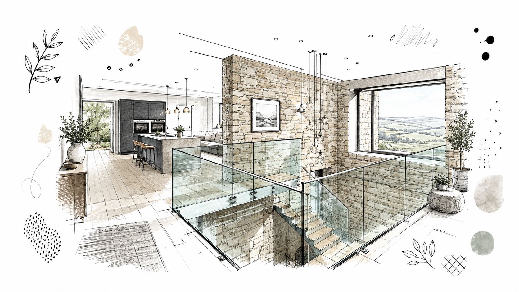 A modern architectural sketch of an interior featuring stone walls, glass balustrades, and a luxury kitchen layout.