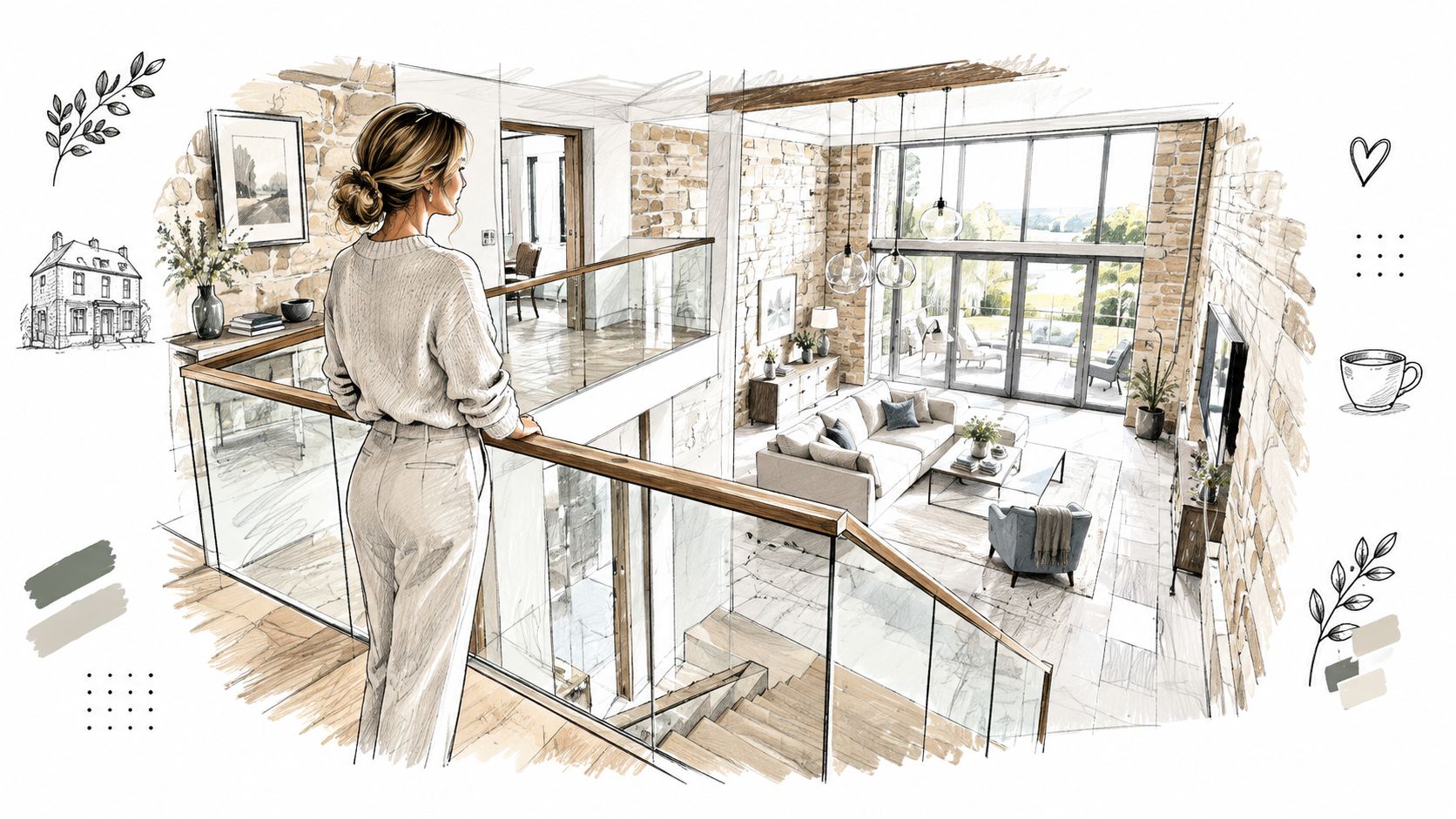 A stylish woman standing on a mezzanine level overlooking a bright luxury living room with glass balustrades.
