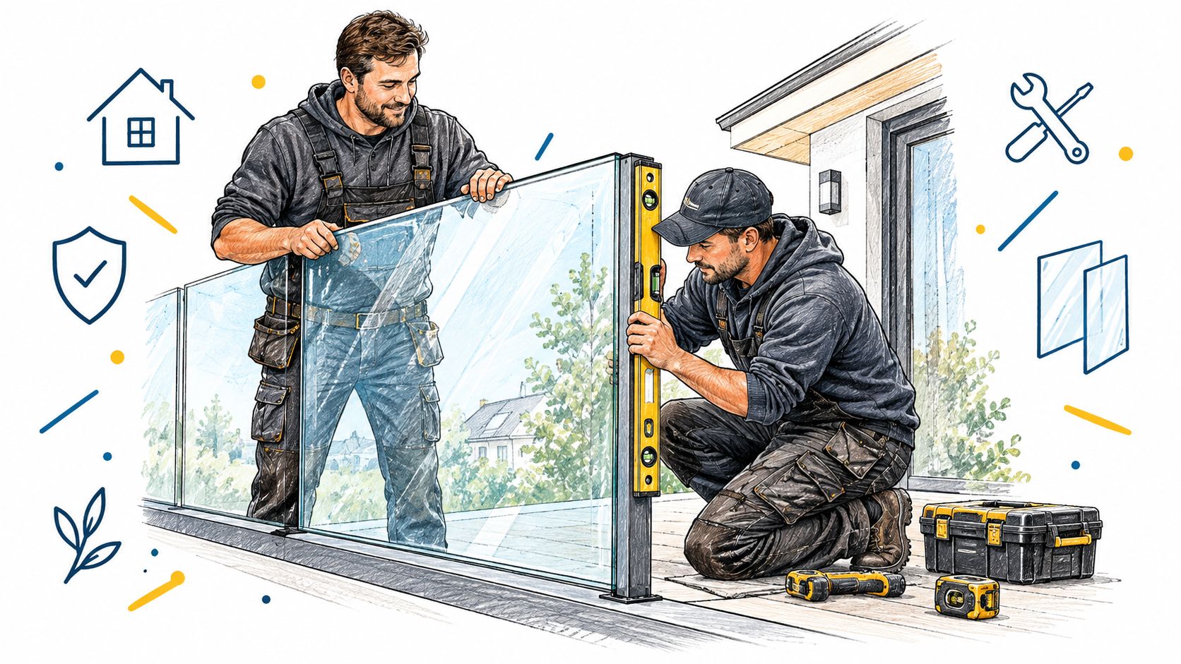 Two professional contractors installing a modern glass balustrade on a residential outdoor balcony patio.