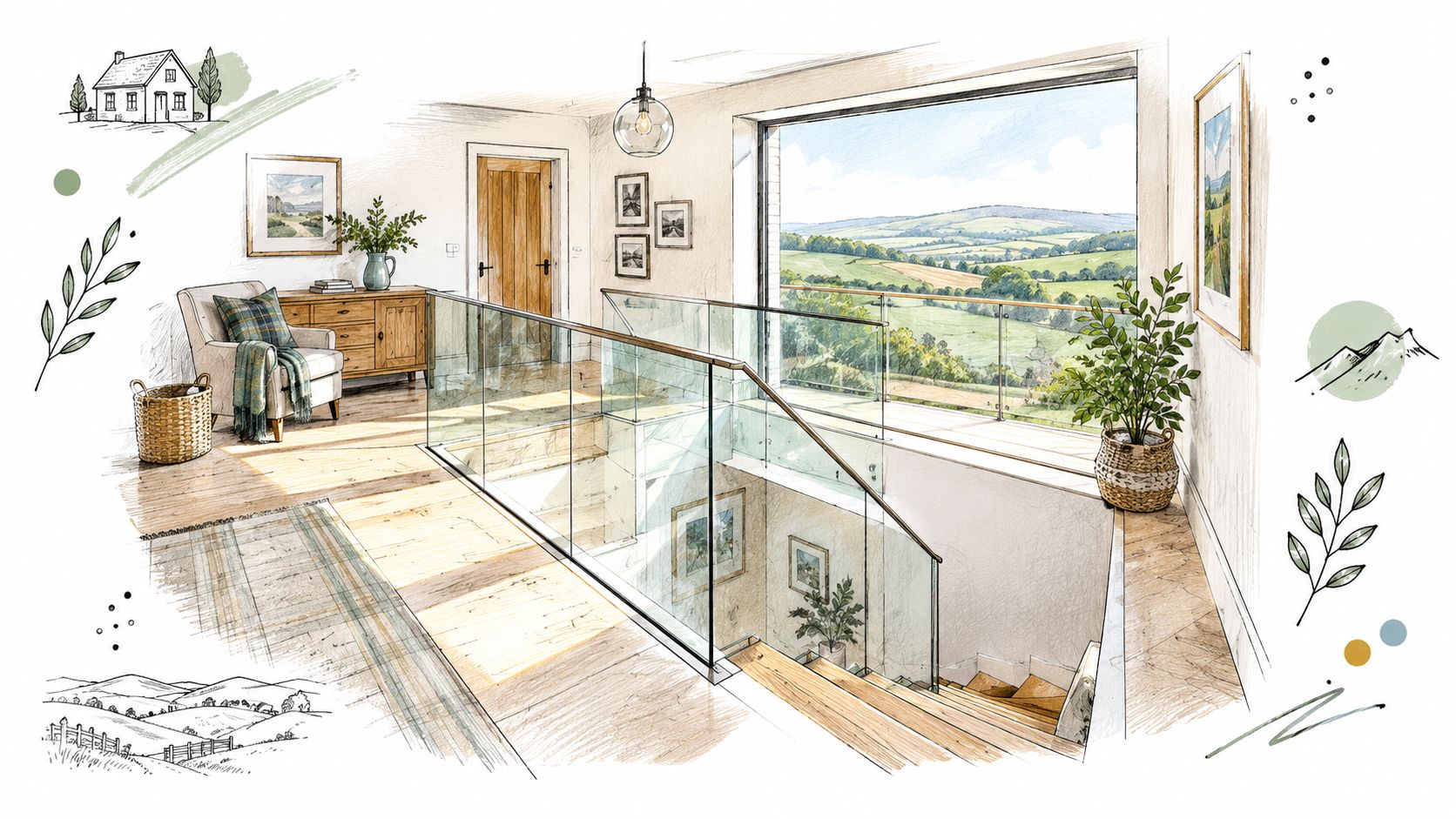 A beautiful architectural sketch of an interior landing area featuring modern glass balustrades overlooking a rolling countryside landscape.