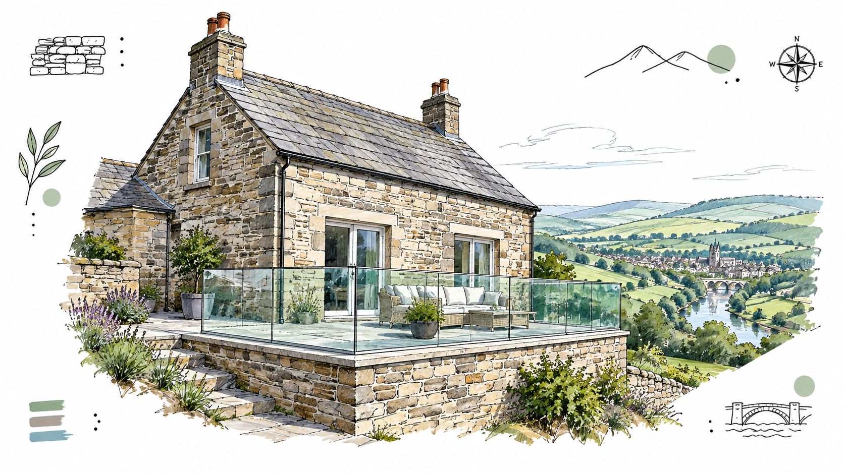 A scenic watercolor illustration of a rustic stone cottage featuring modern glass balustrades overlooking a valley.