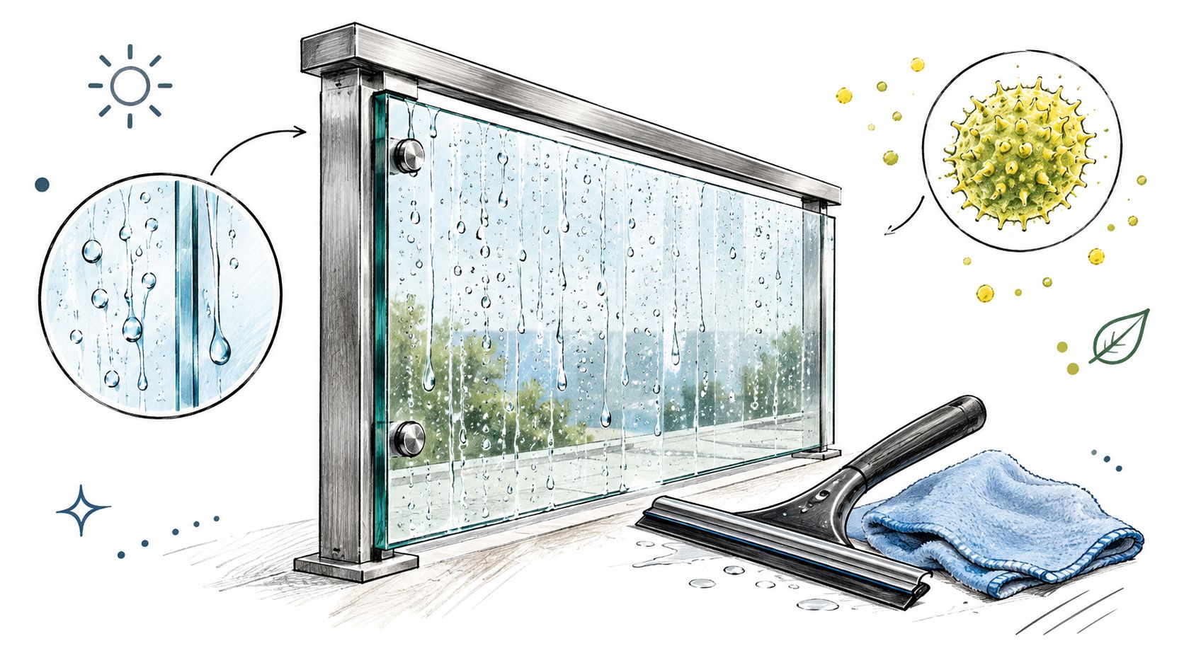 A professional glass balustrade being cleaned with a squeegee and cloth, highlighting maintenance and pollen protection.