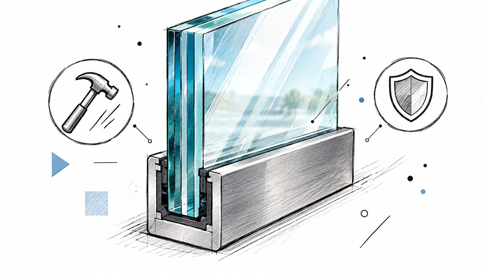 A detailed technical sketch of a laminated glass balustrade system mounted in a sleek metal base profile.