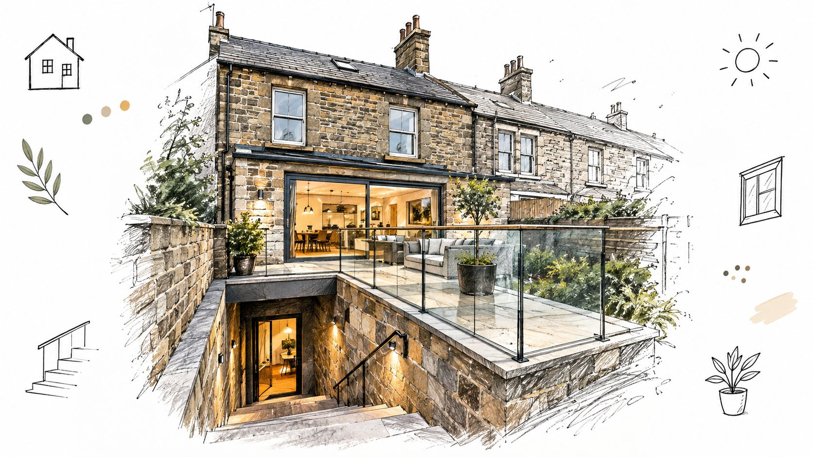 A sophisticated stone house featuring contemporary glass balustrades, a scenic outdoor terrace, and a modern garden level.