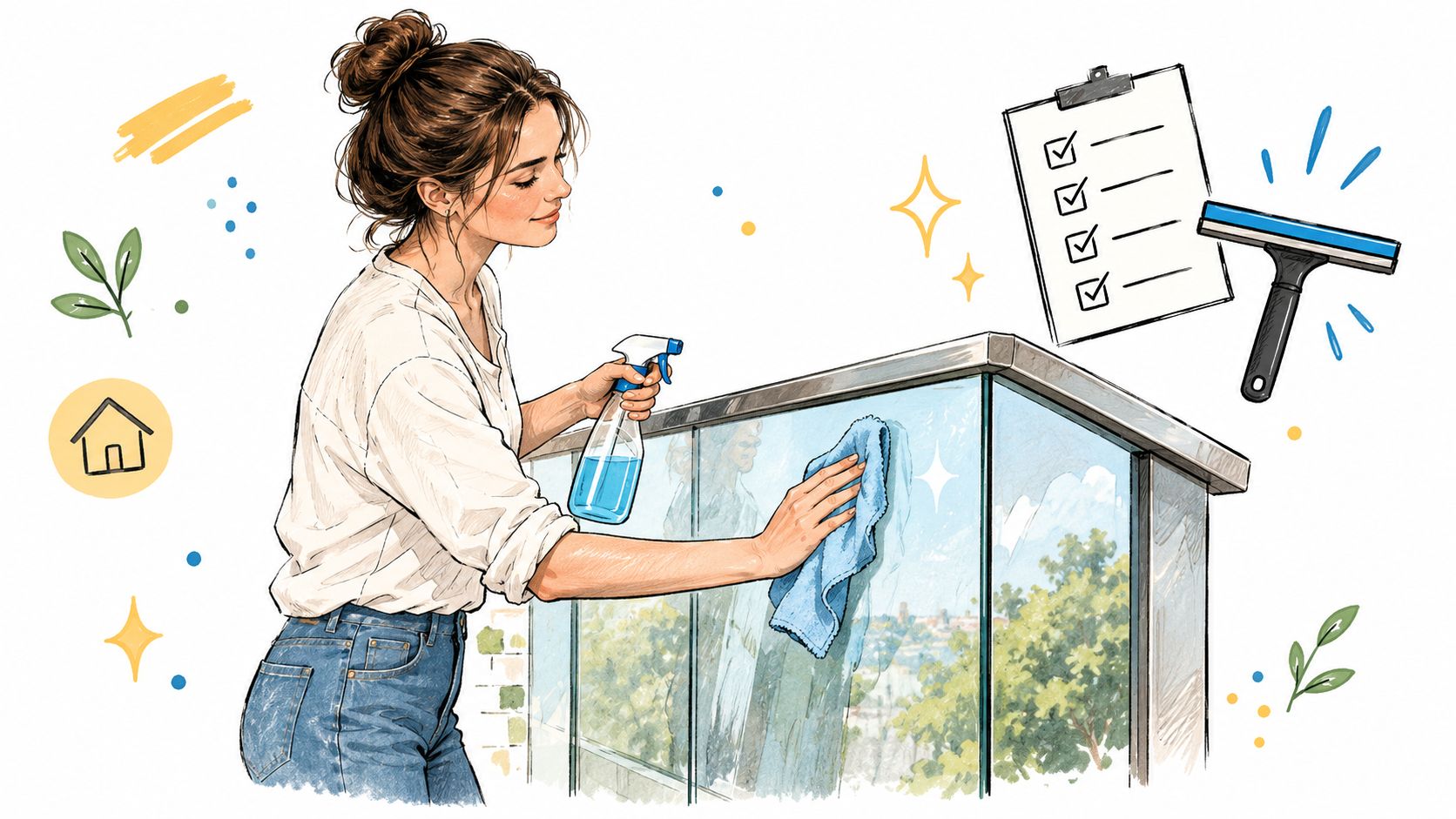 A woman cleaning glass balustrades on a sunny day with a spray bottle and a microfiber cloth.