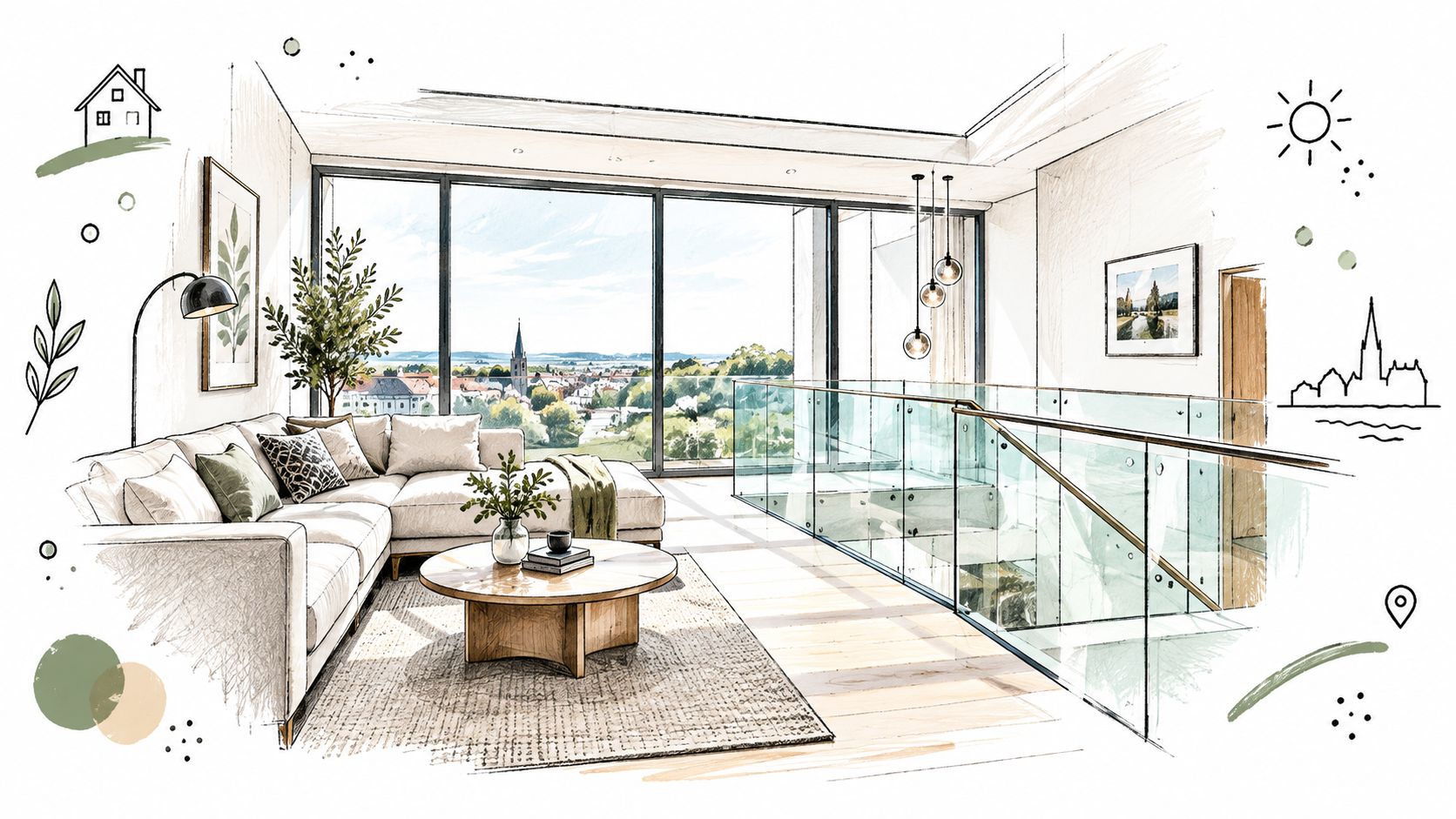 A luxurious modern living room with glass balustrades and scenic views of a town in Morpeth.