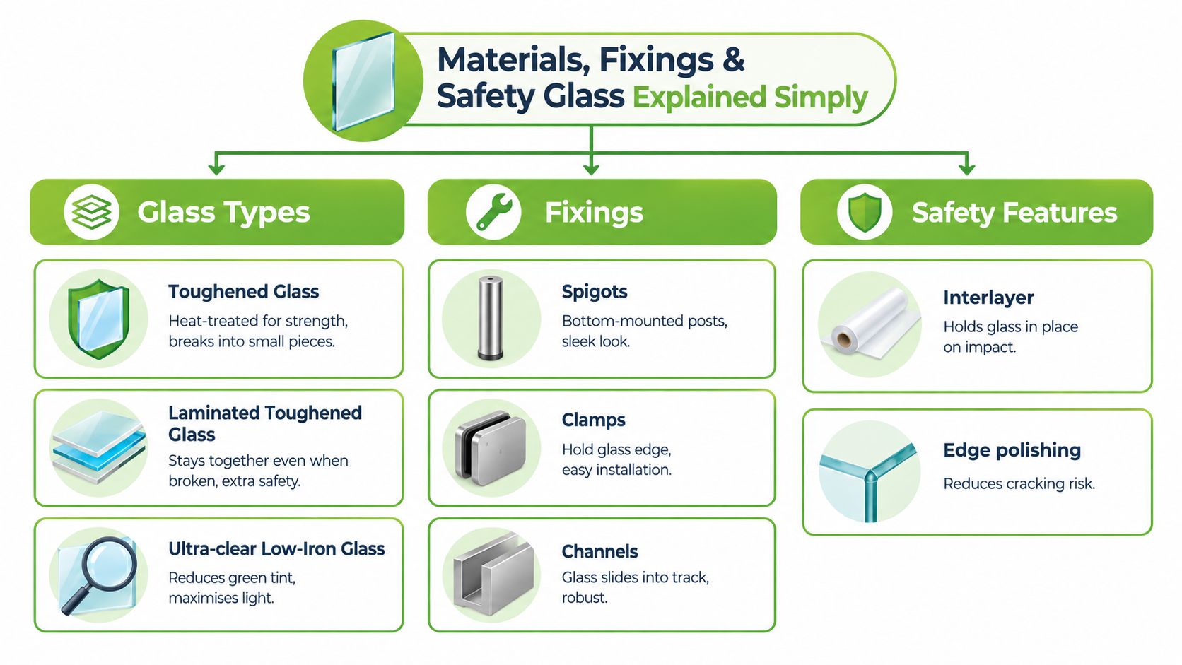 An infographic explaining different types of safety glass, fixing components, and safety features for architectural glass structures.