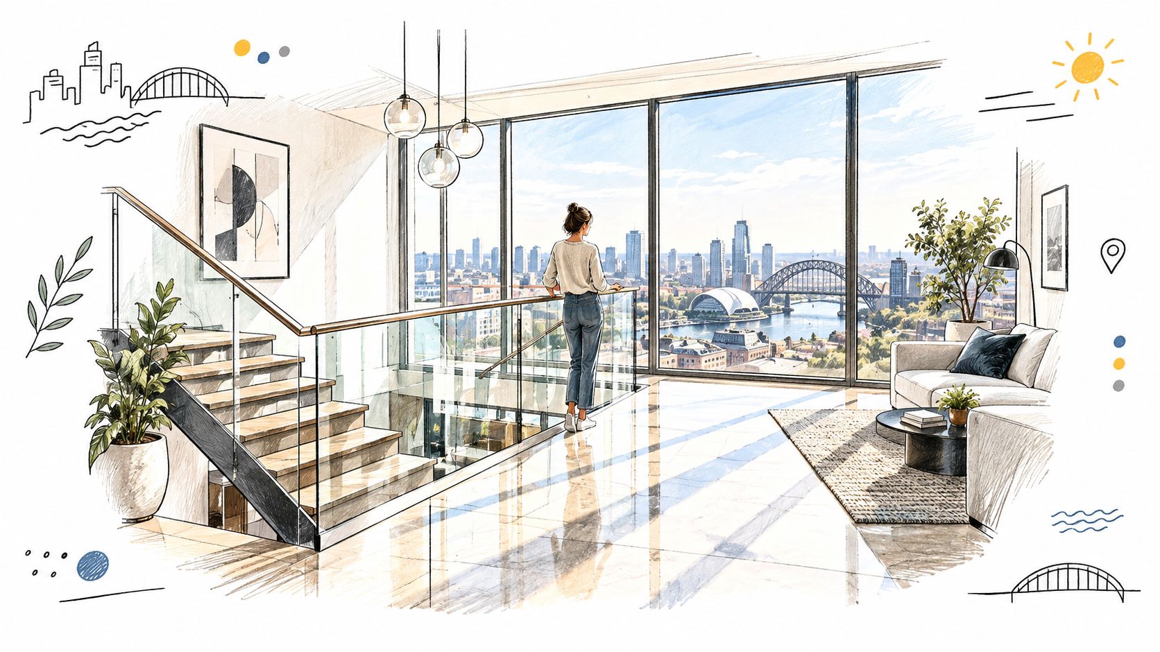 A woman stands in a modern apartment looking at the Sydney Harbour Bridge through large floor-to-ceiling windows.