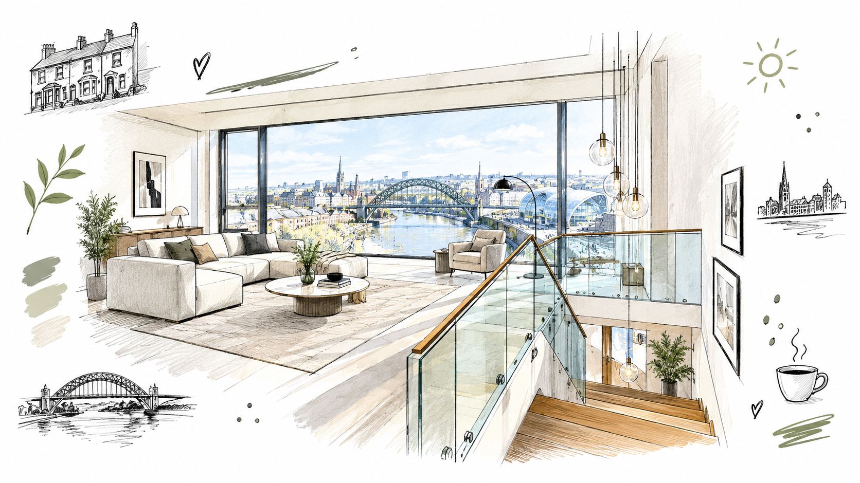 A modern living room with floor-to-ceiling windows overlooking the Tyne Bridge and Newcastle city skyline.