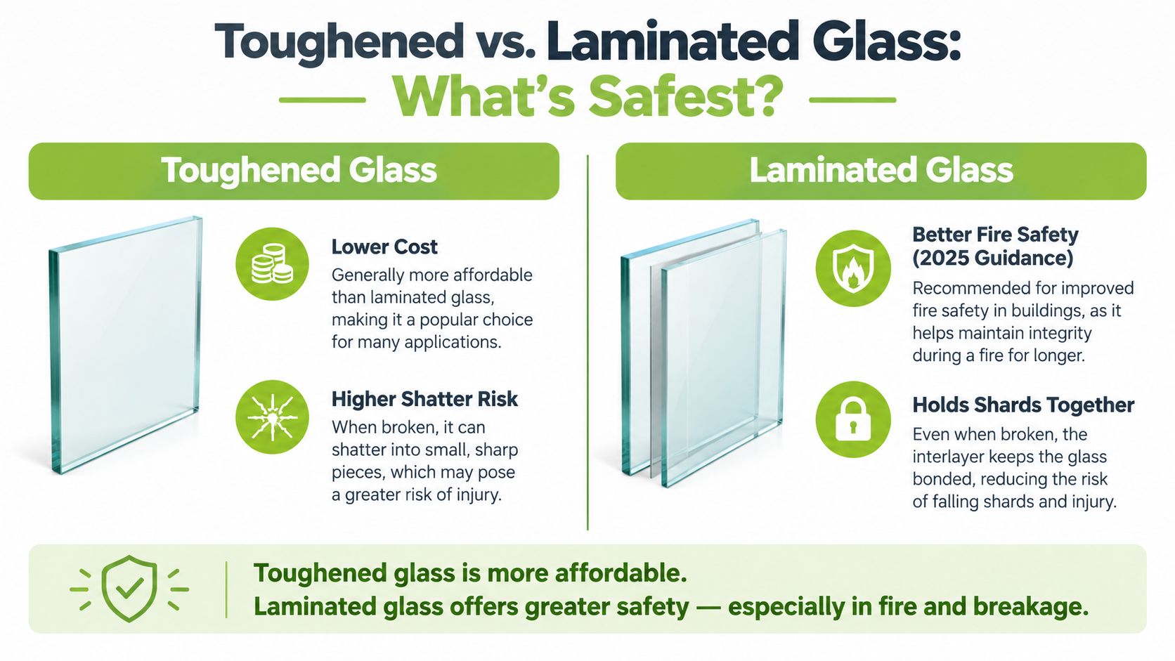 A comparison infographic between toughened glass and laminated glass highlighting differences in cost, shatter risk, and safety.