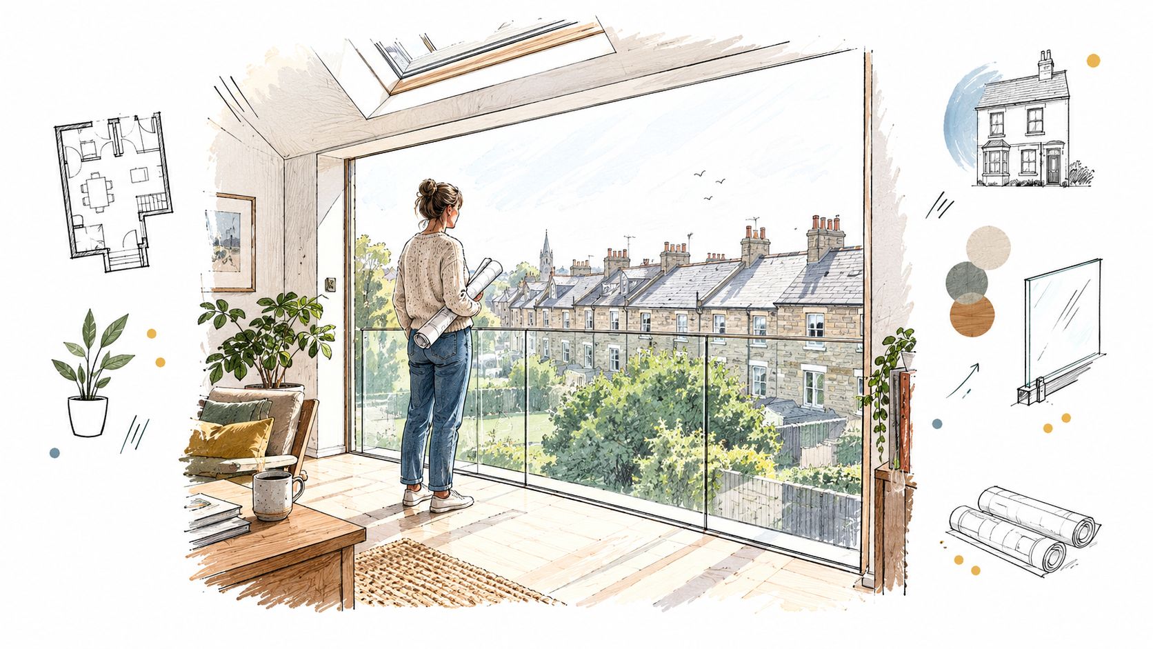 An architect standing on a balcony with a glass balustrade looking out over historic stone terrace houses.